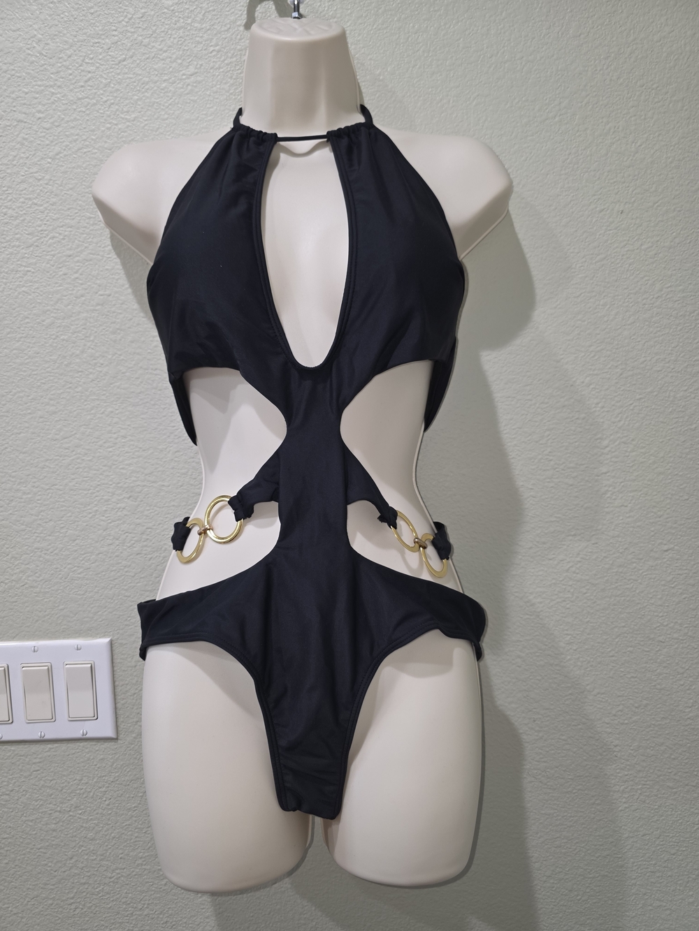 Black Cutout One-Piece Swimsuit with Gold Rings